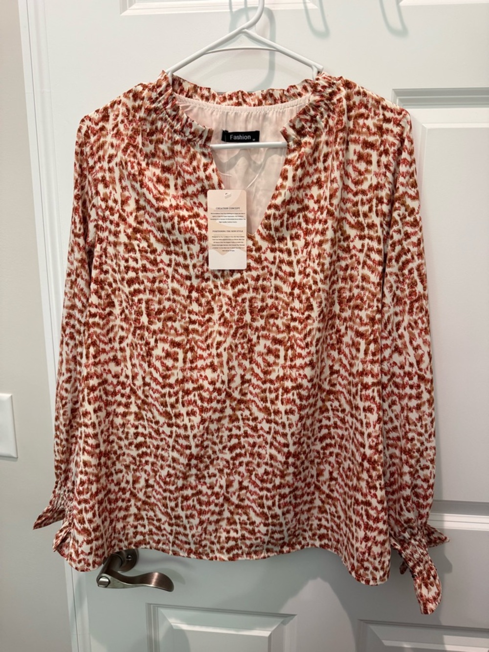 Fashion Brand Company Rust and Cream Printed Long-Sleeve Blouse
